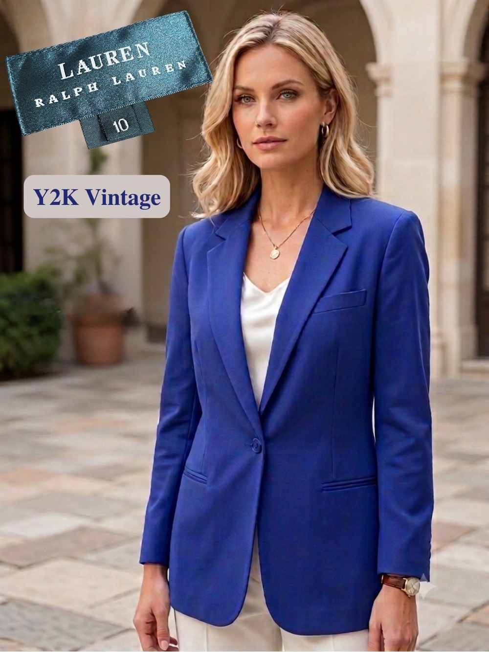 Vintage LAUREN RALPH LAUREN Women's Royal Blue Cotton Silk Blazer Jacket 10 - Picture 1 of 15
